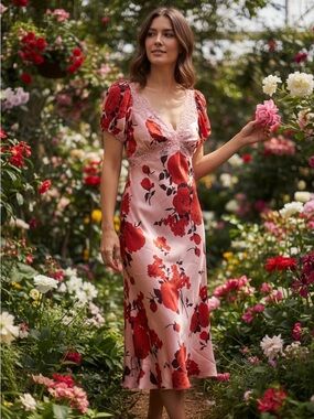 B Darlin Pink Midi Dress with Red Floral Print